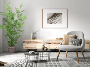 Abgebildet ist ein modern eingerichtetes Wohnzimmer mit einer ruhigen, neutralen Farbpalette.