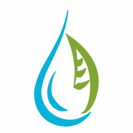 Logo mit einem stilisierten blauen Wassertropfen und einem grünen Blatt. Der Tropfen hat sanfte Kurven, während das Blatt aus drei kleinen Blättern besteht.