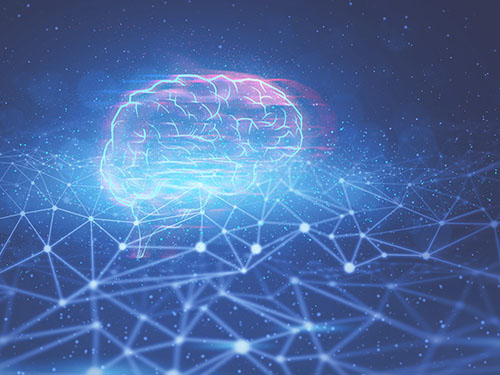 Digitales Gehirn in leuchtendem Blau und Pink schwebt über einem Netzwerk aus verbundenen Linien – Symbol für neuronale Aktivierung, Bewusstseinserweiterung und die transformative Kraft der Meditation